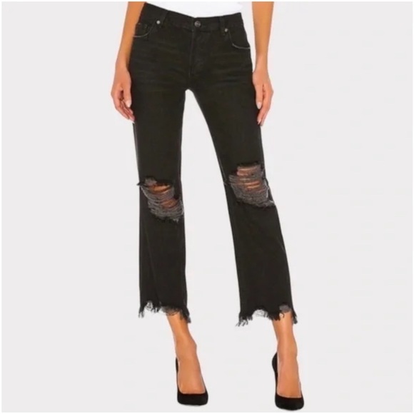 FREE PEOPLE NWT Maggie Mid Rise Strait Washed Black Distressed Jeans‎ Size 24 - Picture 3 of 12